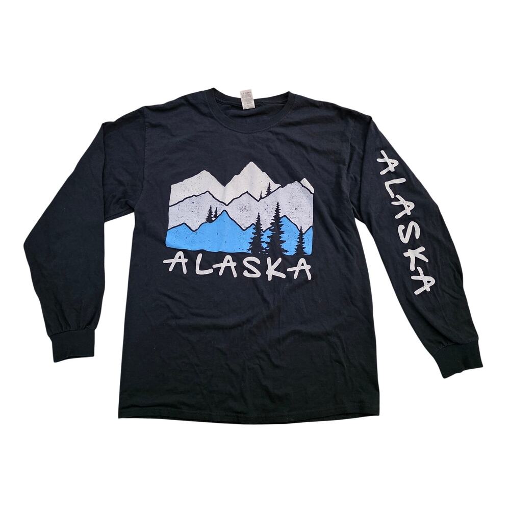 Alaska Long Sleeve Graphic Shirt Black Mountain Souvenir Tee Size M Y2K Style